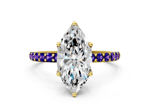 Yellow gold Marquise Cut Diamond Solitaire Engagement Ring with Round with Tanzanite side stone Pavé Band and Prong Setting