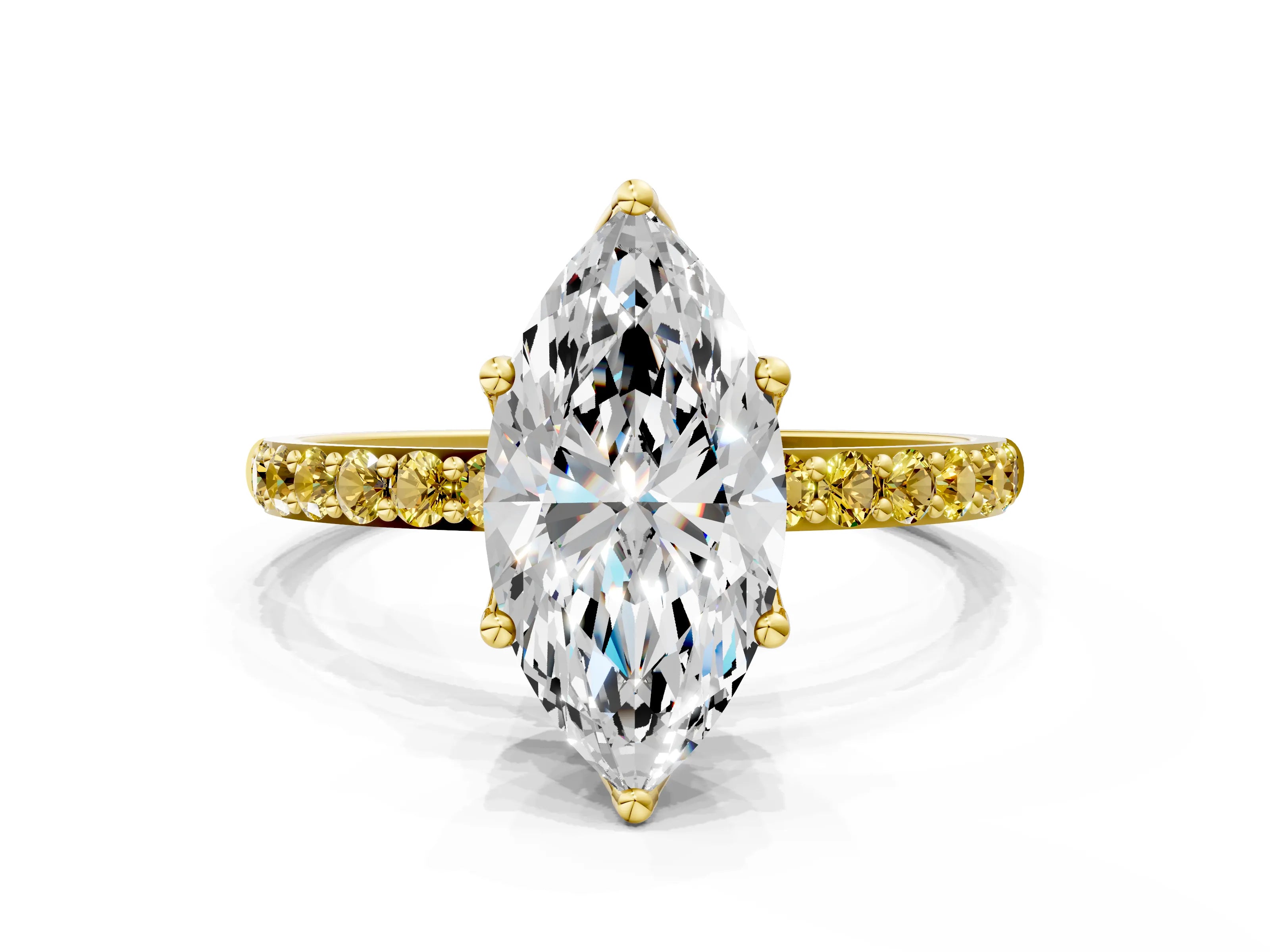 Yellow gold Marquise Cut Diamond Solitaire Engagement Ring with Round with Yellow Sapphire side stone Pavé Band and Prong Setting