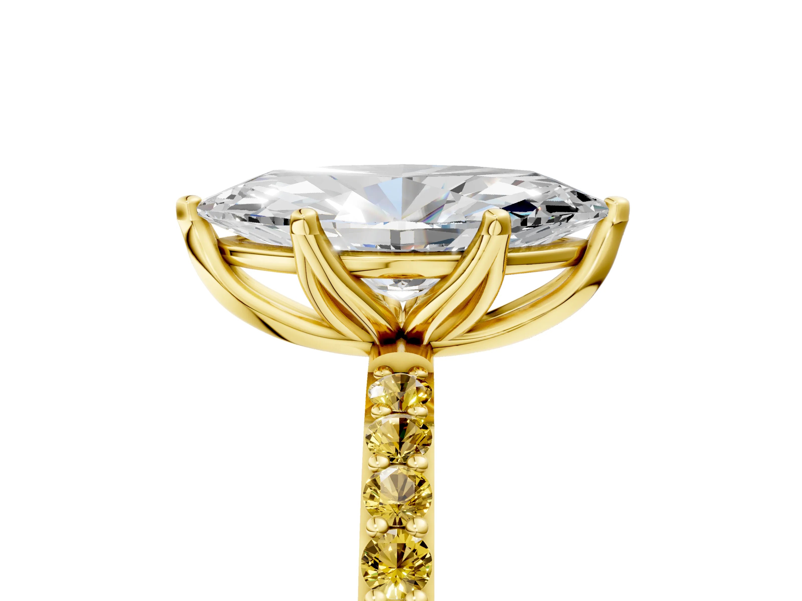 Yellow gold Marquise Cut Diamond Solitaire Engagement Ring with Round with Yellow Sapphire side stone Pavé Band and Prong Setting_5