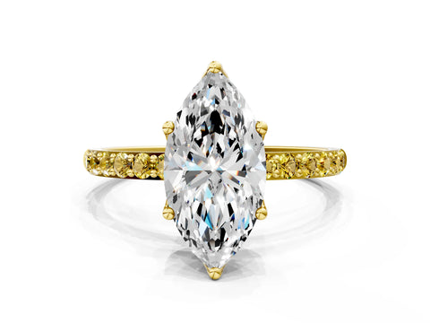 Yellow gold Marquise Cut Diamond Solitaire Engagement Ring with Round with Yellow Sapphire side stone Pavé Band and Prong Setting