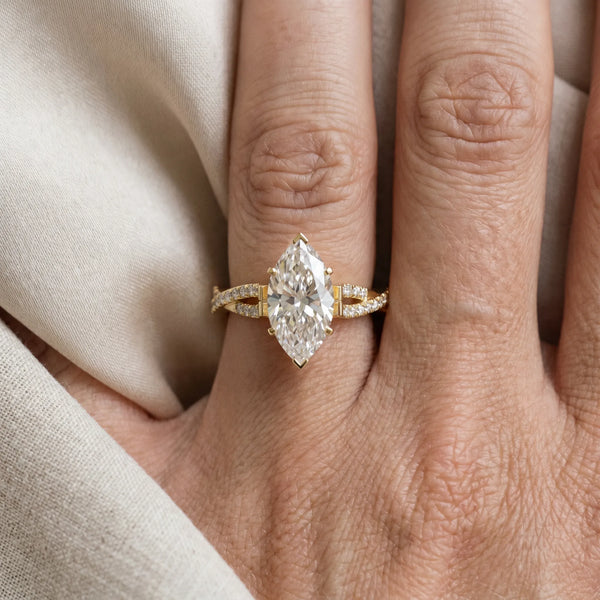 Yellow Gold Marquise Solitaire Engagement Ring Setting with Twisted Split Pave Band