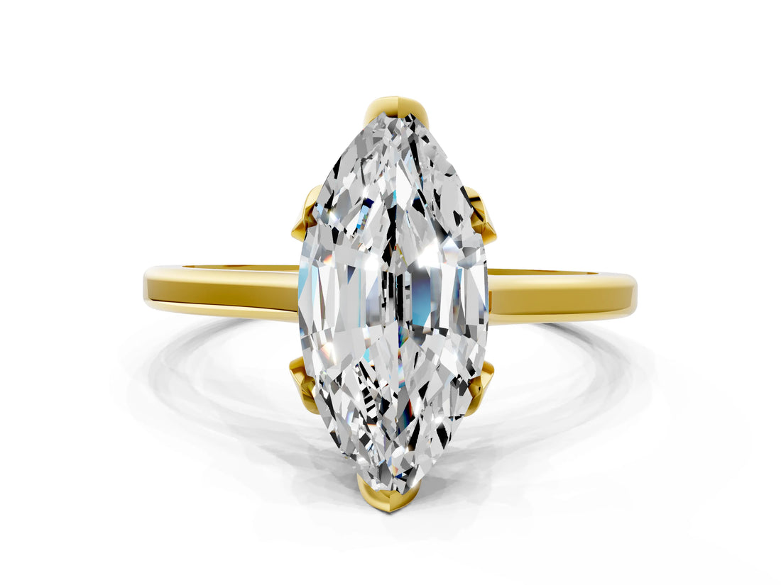 Yellow gold Marquise Cut Diamond Solitaire Ring with Flower Prong Setting and Classic Band_227