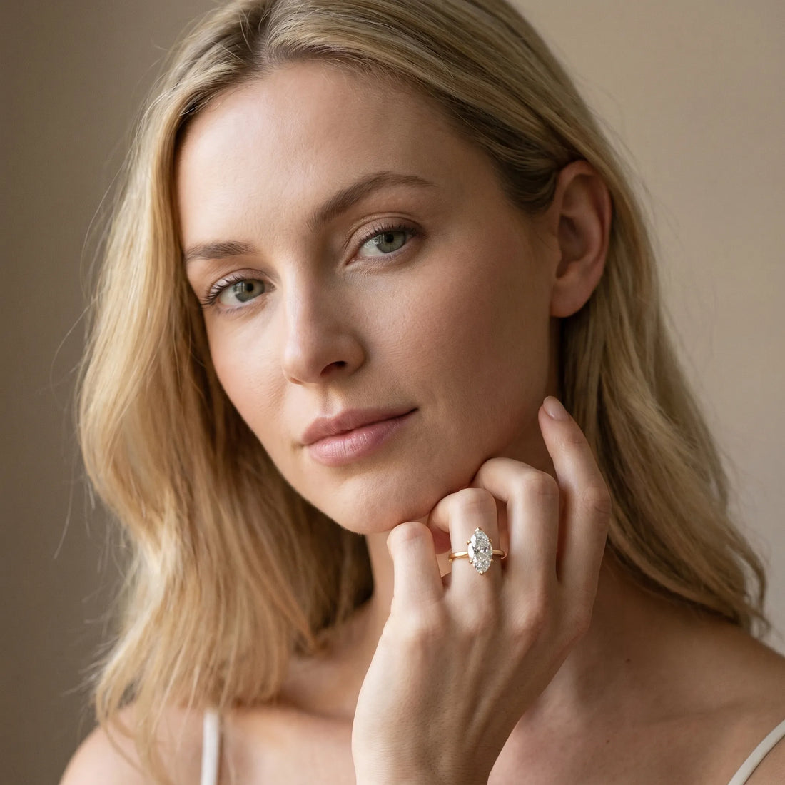 Yellow gold Marquise Cut Diamond Solitaire Ring with Flower Prong Setting and Classic Band_240