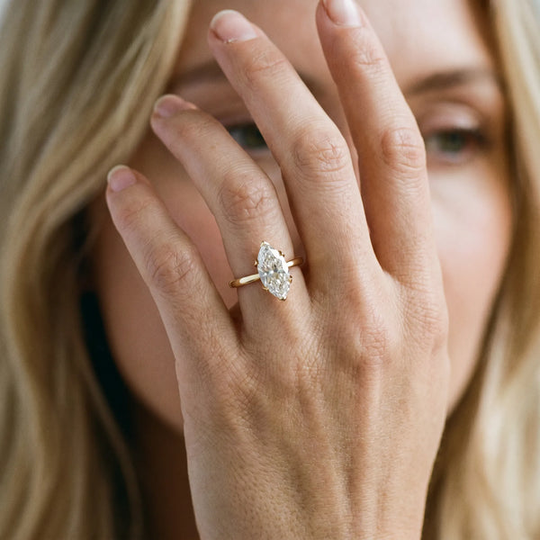Yellow Gold Marquise Floral Solitaire Engagement Ring Setting with Flower Head and Plain Band