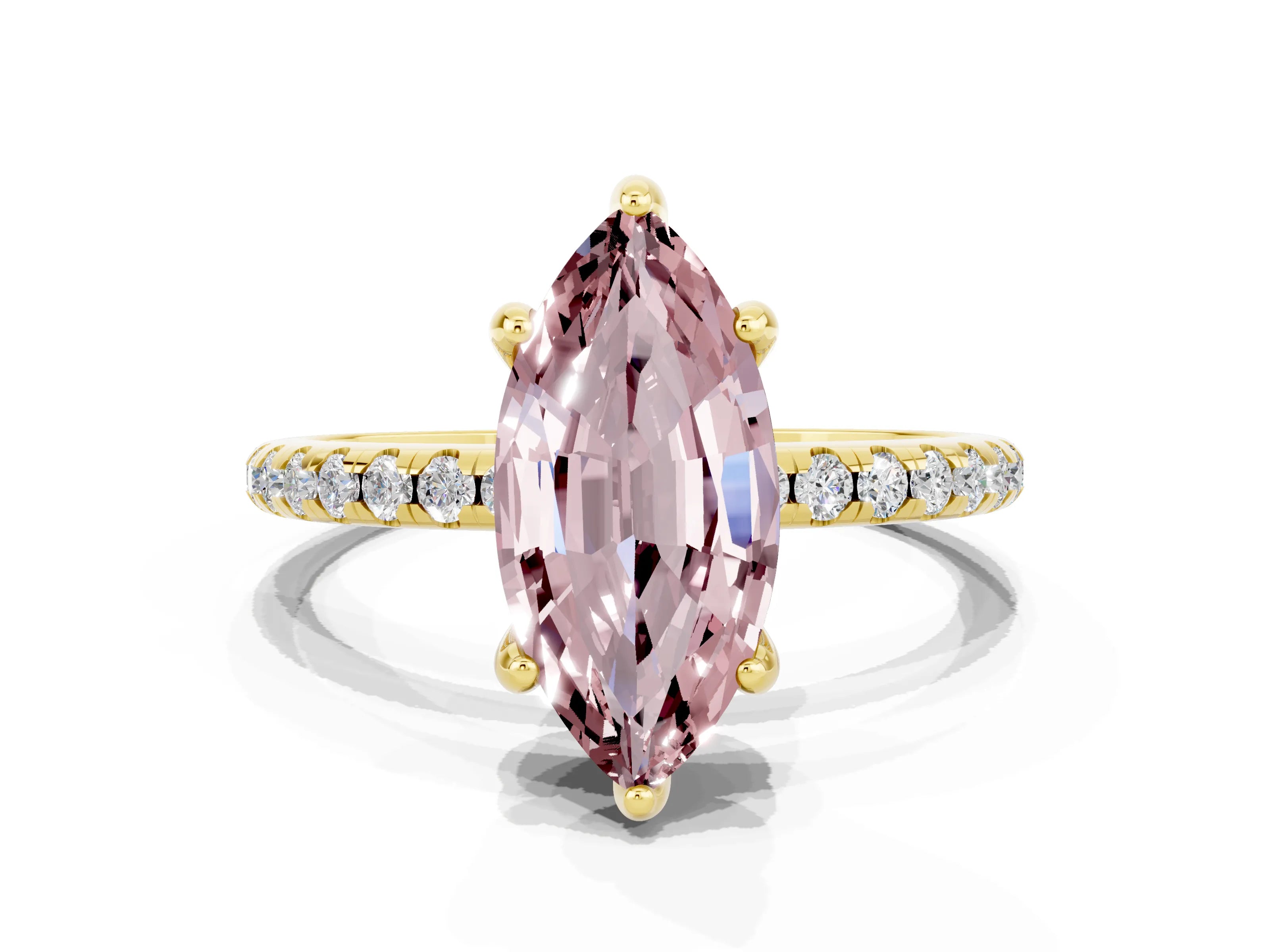 Yellow gold Marquise Cut Diamond Solitaire Ring with Four-Prong Setting and Pavé Band
