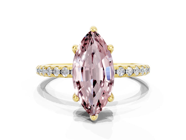 Yellow gold Marquise Cut Diamond Solitaire Ring with Four-Prong Setting and Pavé Band