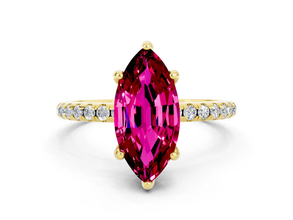 Yellow gold Marquise Cut Garnet Hidden Halo Engagement Ring with Round Pavé Band and Prong Setting