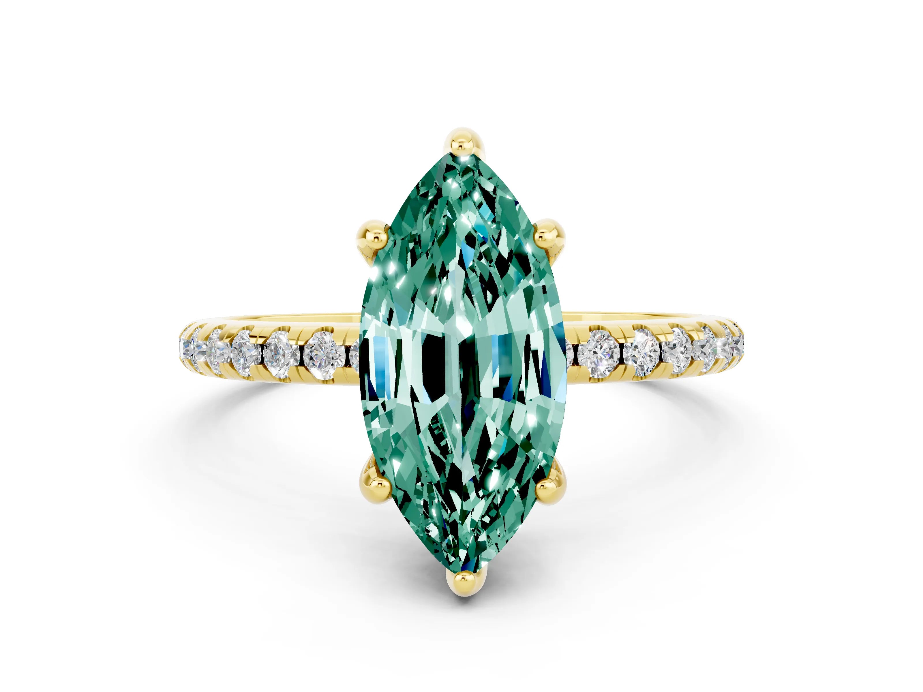 Yellow gold Marquise Cut Diamond Solitaire Ring with Four-Prong Setting and Pavé Band_12