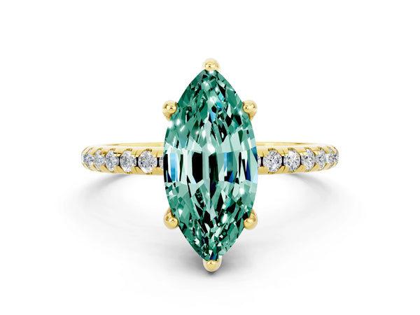 Yellow gold Marquise Cut Green Sapphire Hidden Halo Engagement Ring with Round Pavé Band and Prong Setting