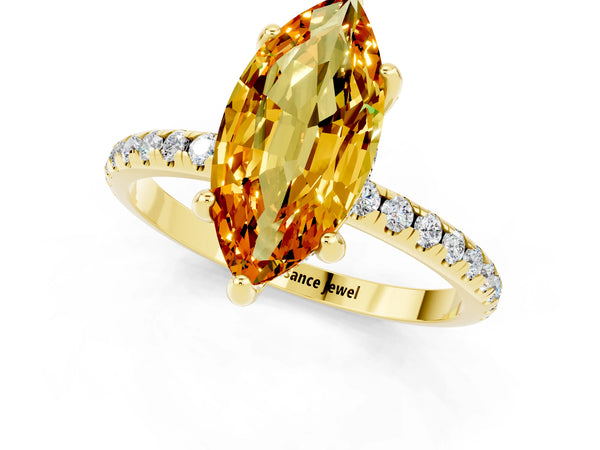 Yellow gold Marquise Cut Citrine Hidden Halo Engagement Ring with Round Pavé Band and Prong Setting