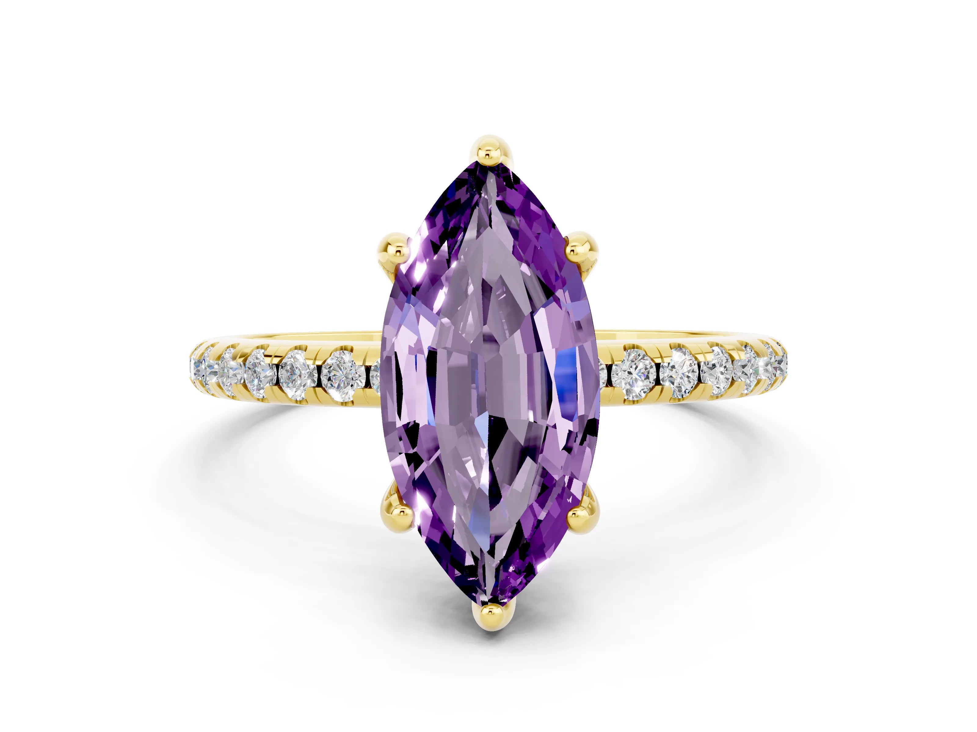 Yellow gold Marquise Cut Diamond Solitaire Ring with Four-Prong Setting and Pavé Band_12