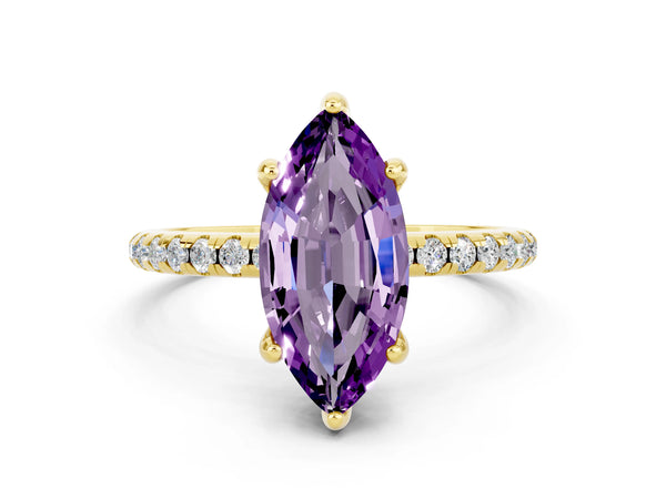 Yellow gold Marquise Cut Amethyst Hidden Halo Engagement Ring with Round Pavé Band and Prong Setting