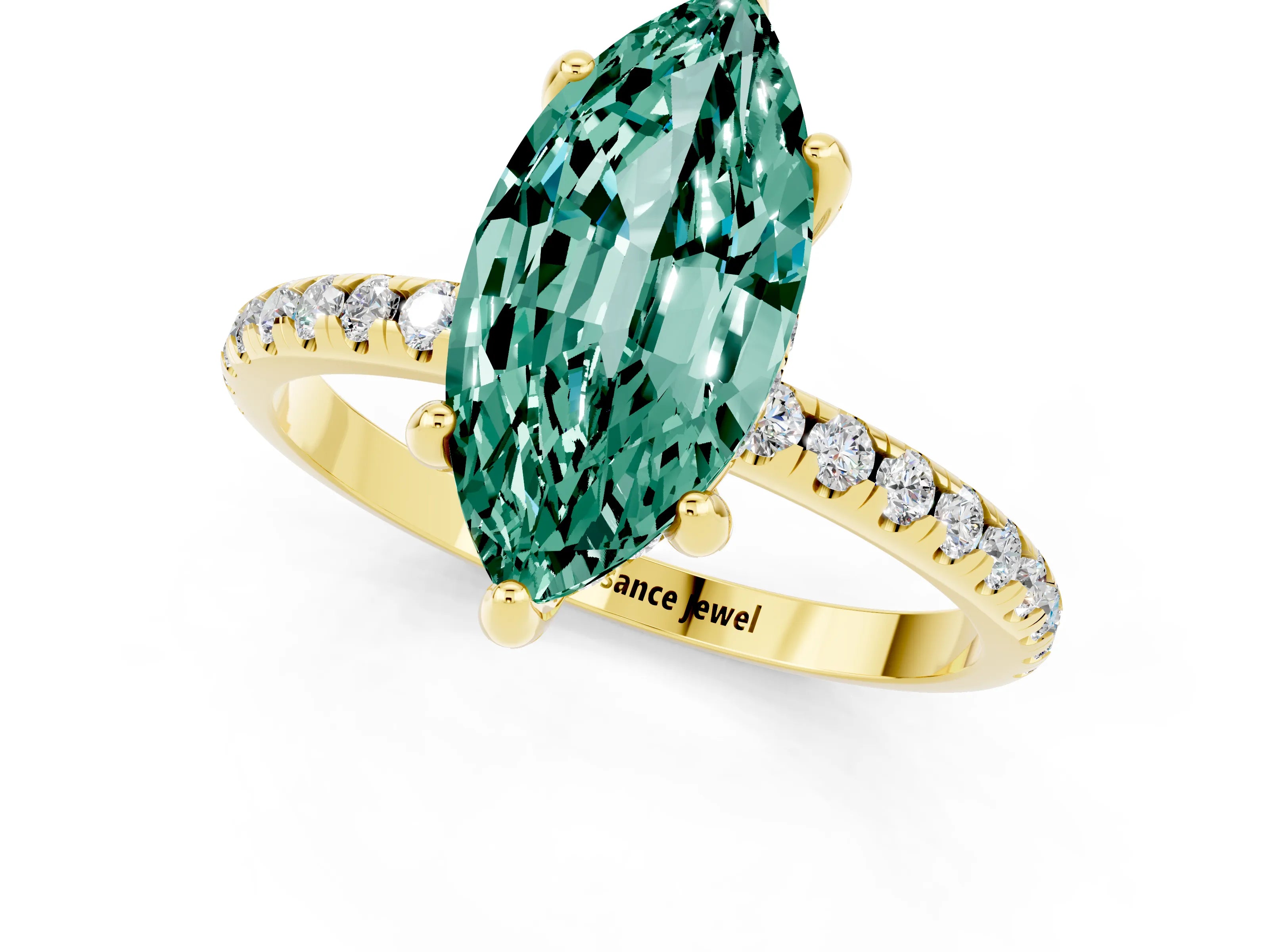 Yellow gold Marquise Cut Diamond Solitaire Ring with Four-Prong Setting and Pavé Band_13
