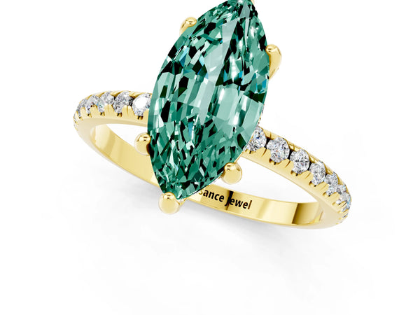 Yellow gold Marquise Cut Green Sapphire Hidden Halo Engagement Ring with Round Pavé Band and Prong Setting