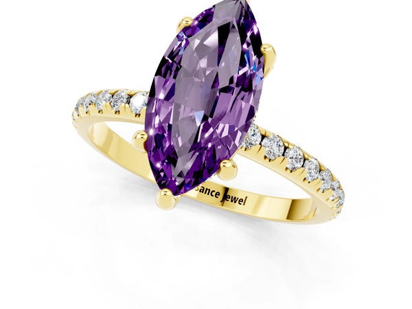 Yellow gold Marquise Cut Amethyst Hidden Halo Engagement Ring with Round Pavé Band and Prong Setting