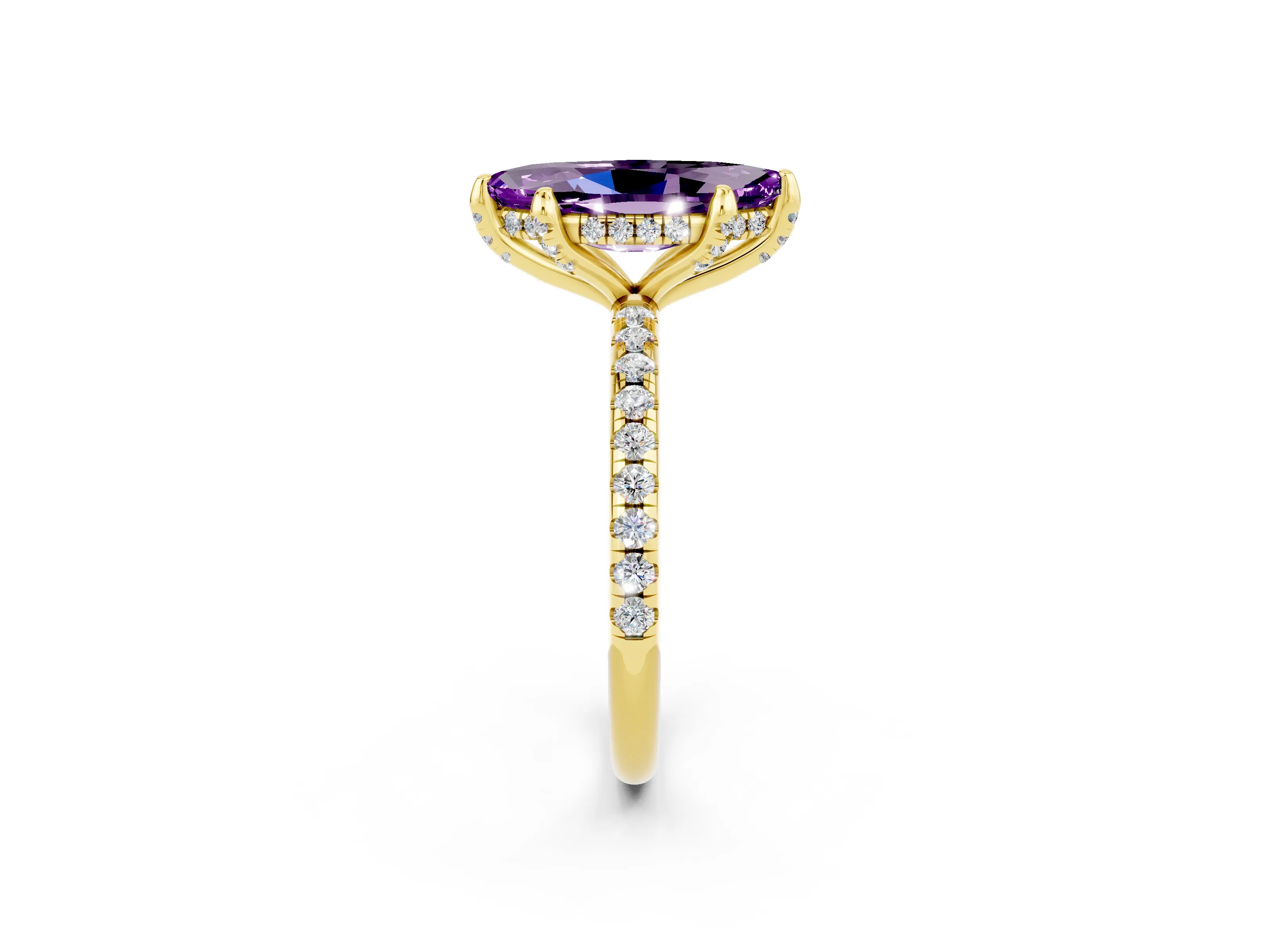 Yellow gold Marquise Cut Diamond Solitaire Ring with Four-Prong Setting and Pavé Band_14