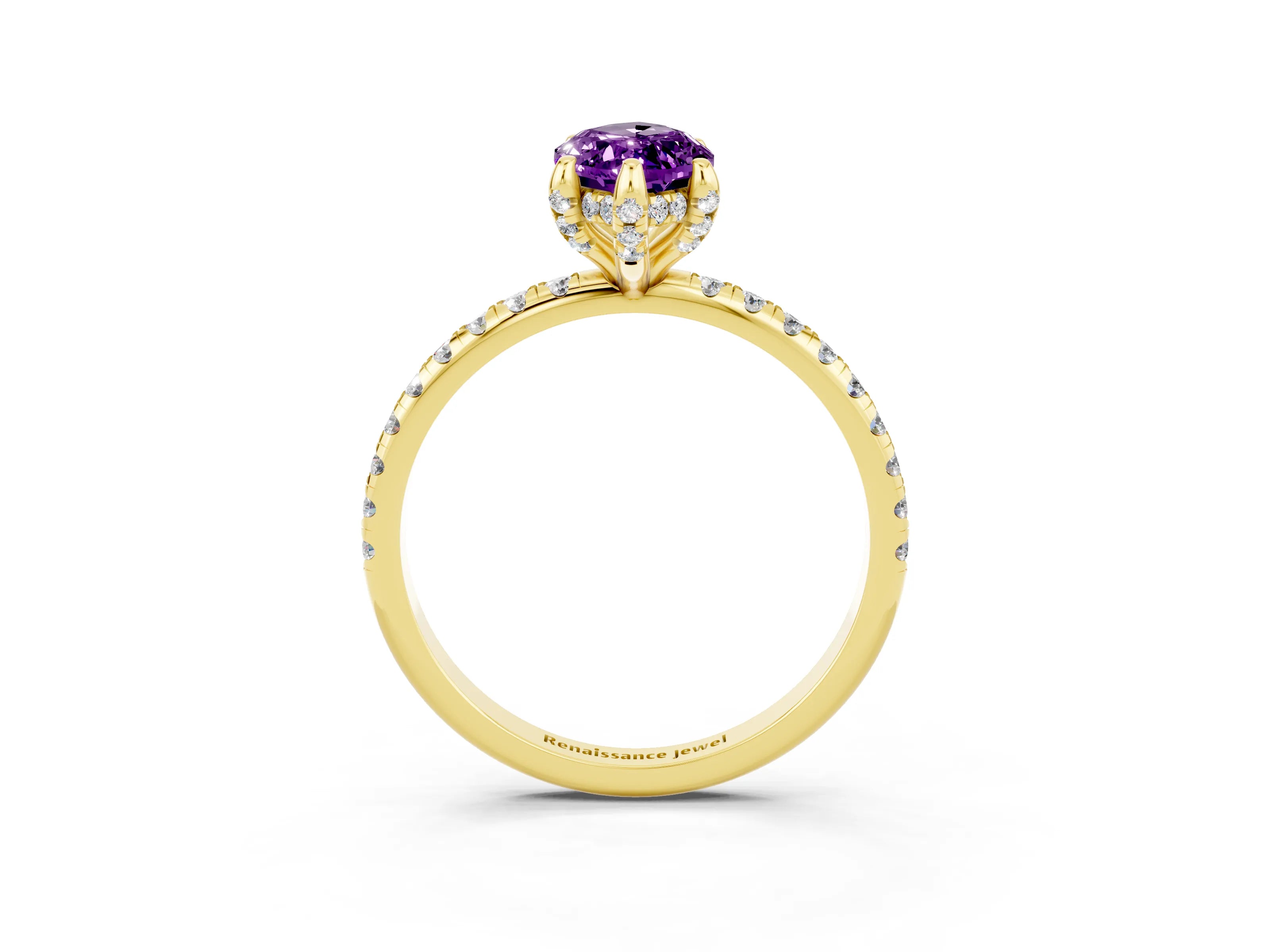 Yellow gold Marquise Cut Diamond Solitaire Ring with Four-Prong Setting and Pavé Band_15