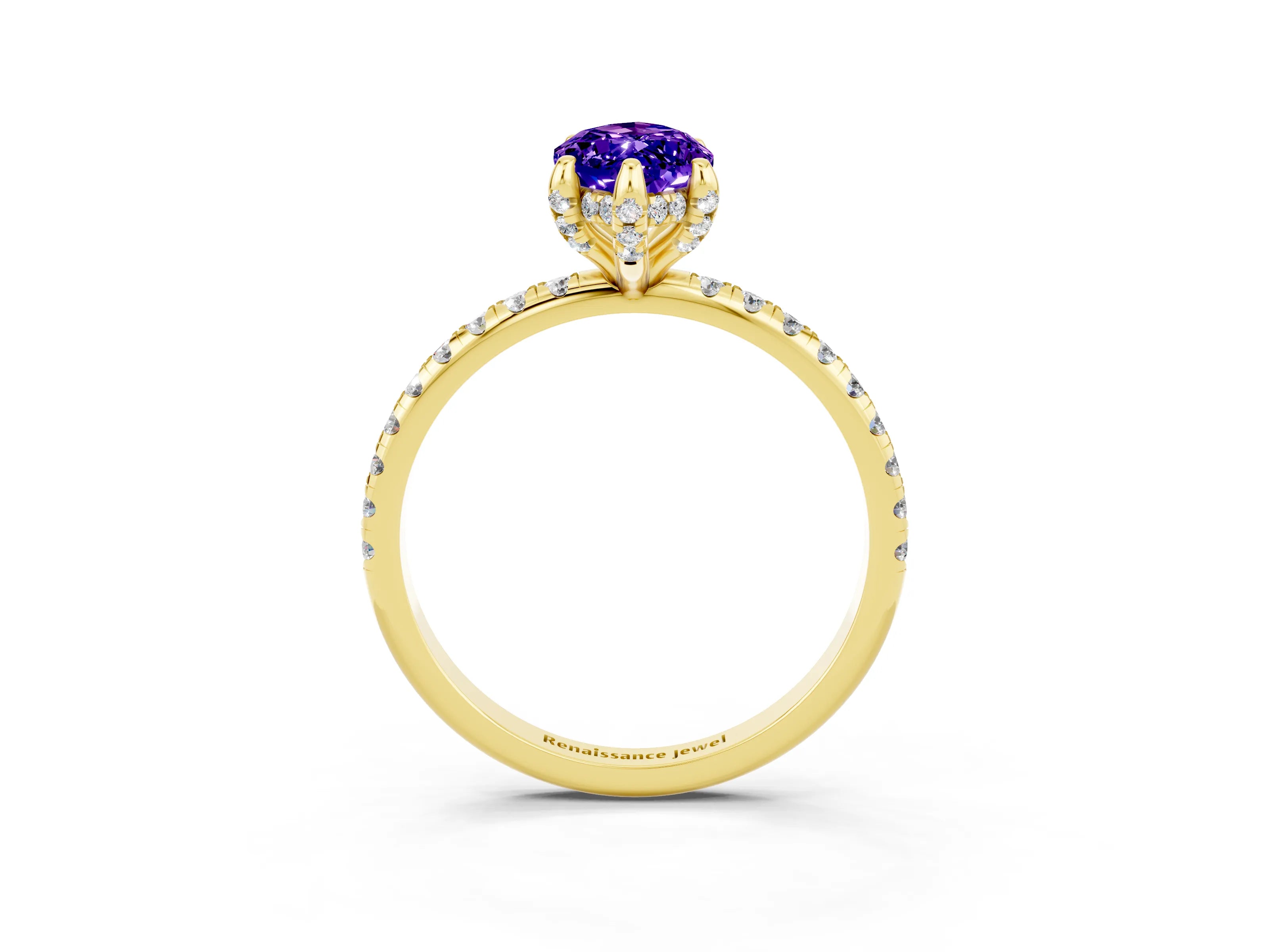 Yellow gold Marquise Cut Diamond Solitaire Ring with Four-Prong Setting and Pavé Band_15