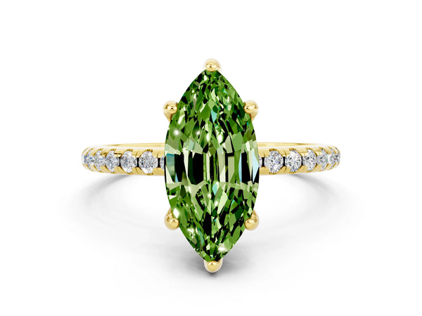 Yellow gold Marquise Cut Diamond Solitaire Ring with Four-Prong Setting and Pavé Band