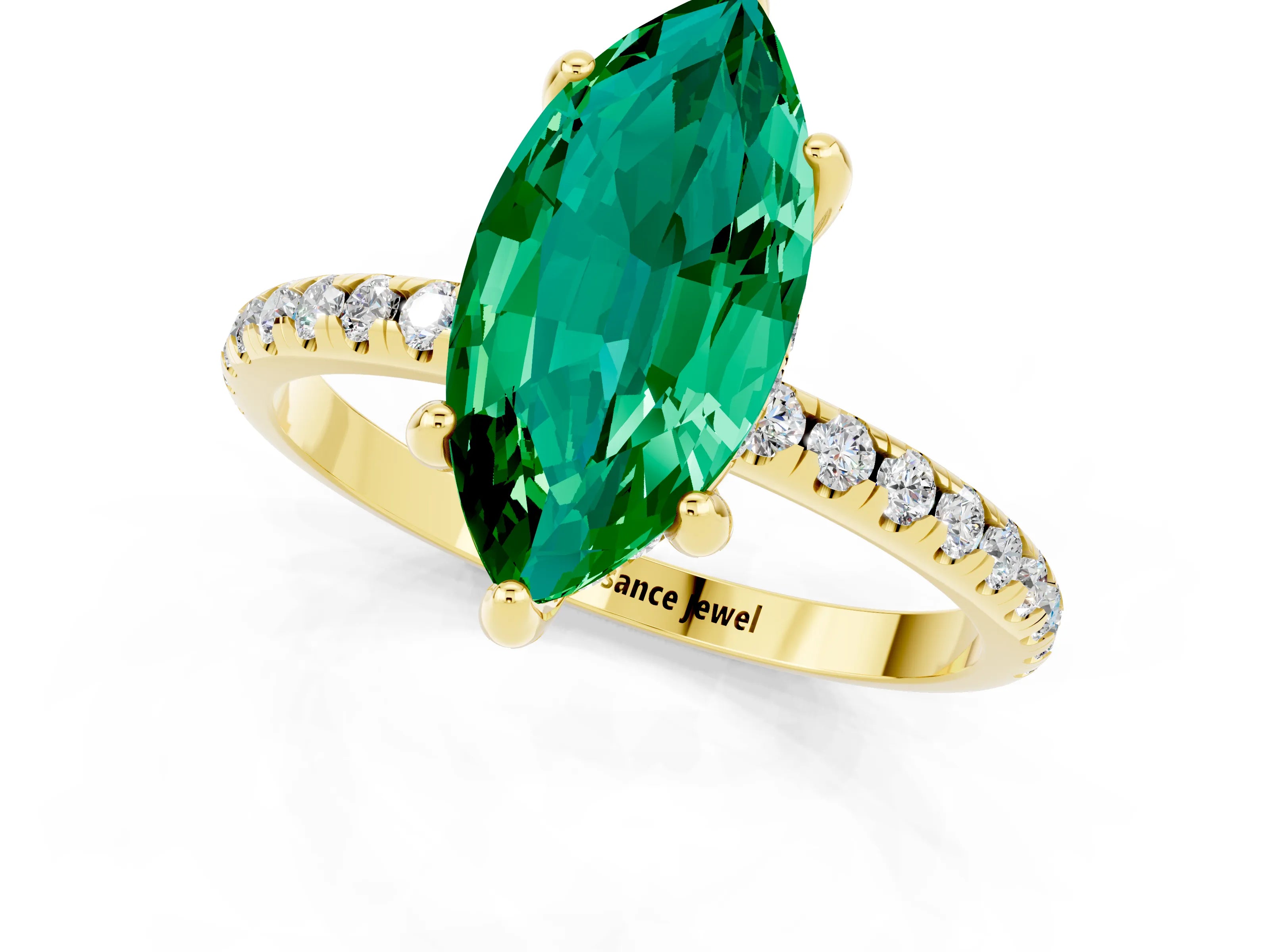 Yellow gold Marquise Cut Diamond Solitaire Ring with Four-Prong Setting and Pavé Band_1