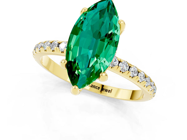 Yellow gold Marquise Cut Emerald Hidden Halo Engagement Ring with Round Pavé Band and Prong Setting