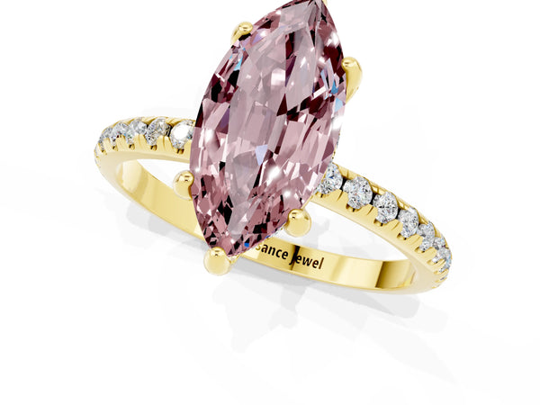 Yellow gold Marquise Cut Diamond Solitaire Ring with Four-Prong Setting and Pavé Band