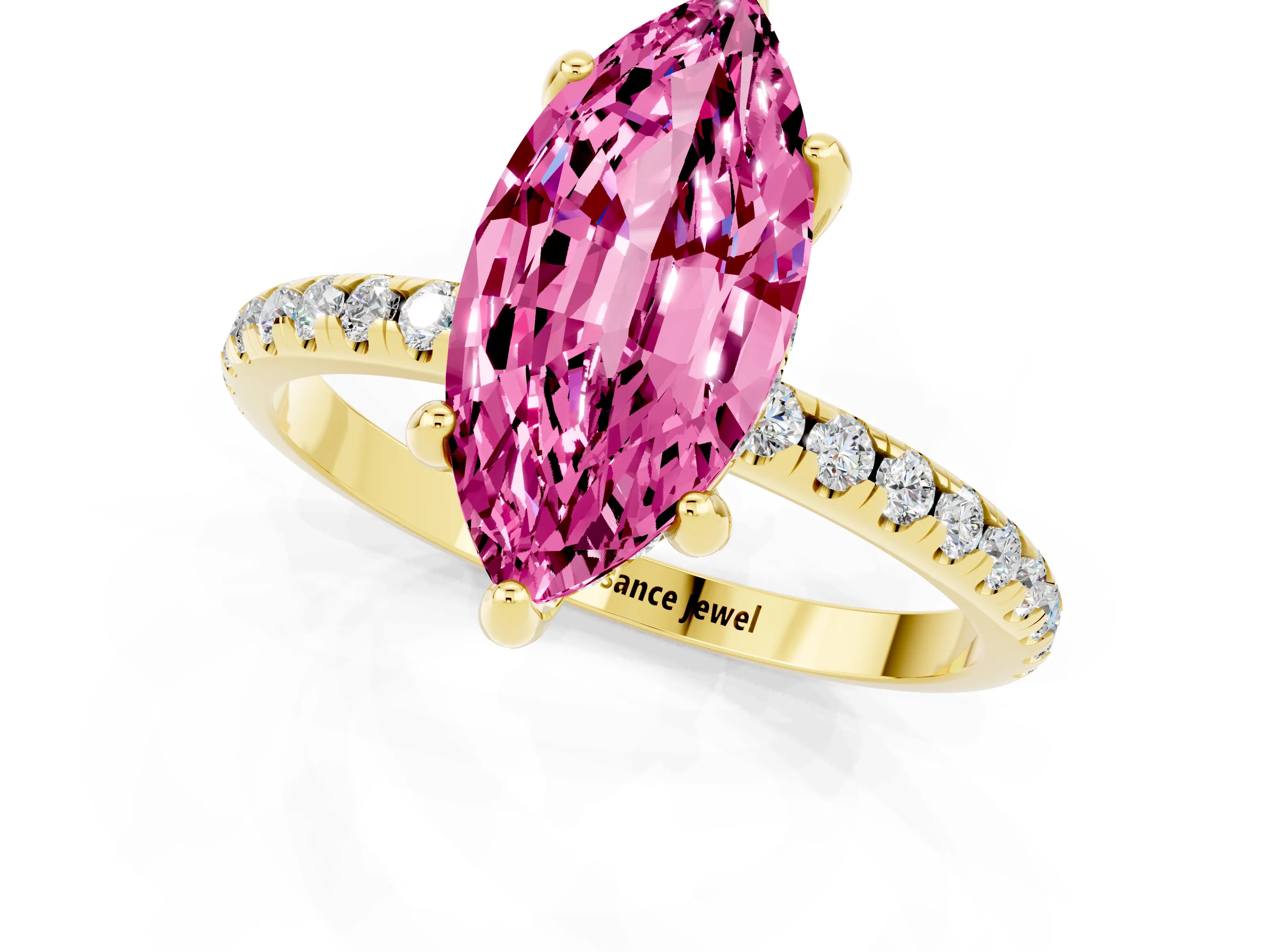 Yellow gold Marquise Cut Diamond Solitaire Ring with Four-Prong Setting and Pavé Band_1