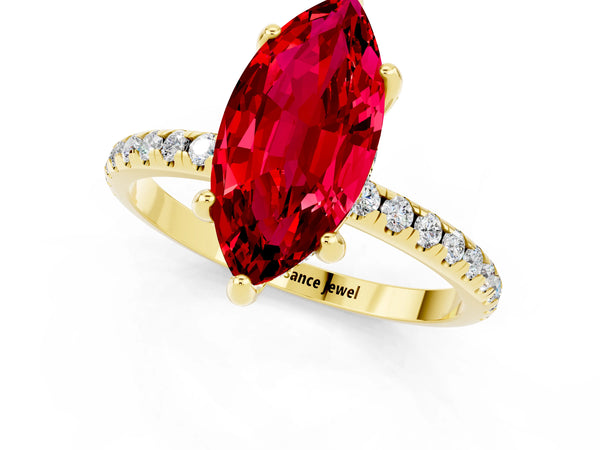 Yellow gold Marquise Cut Diamond Solitaire Ring with Four-Prong Setting and Pavé Band