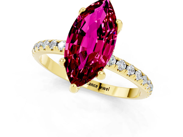 Yellow gold Marquise Cut Garnet Hidden Halo Engagement Ring with Round Pavé Band and Prong Setting