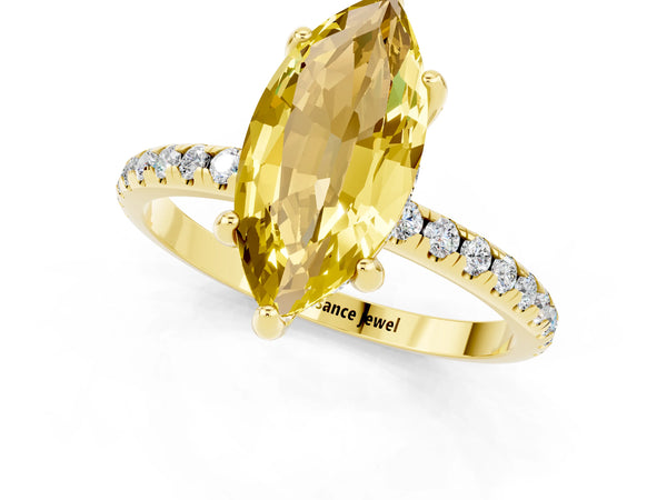 Yellow gold Marquise Cut Yellow Sapphire Hidden Halo Engagement Ring with Round Pavé Band and Prong Setting