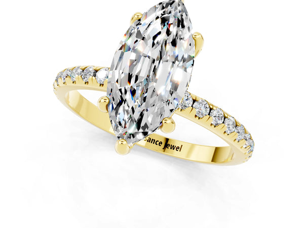Yellow gold Marquise Cut Moissanite Hidden Halo Engagement Ring with Round Pavé Band and Prong Setting
