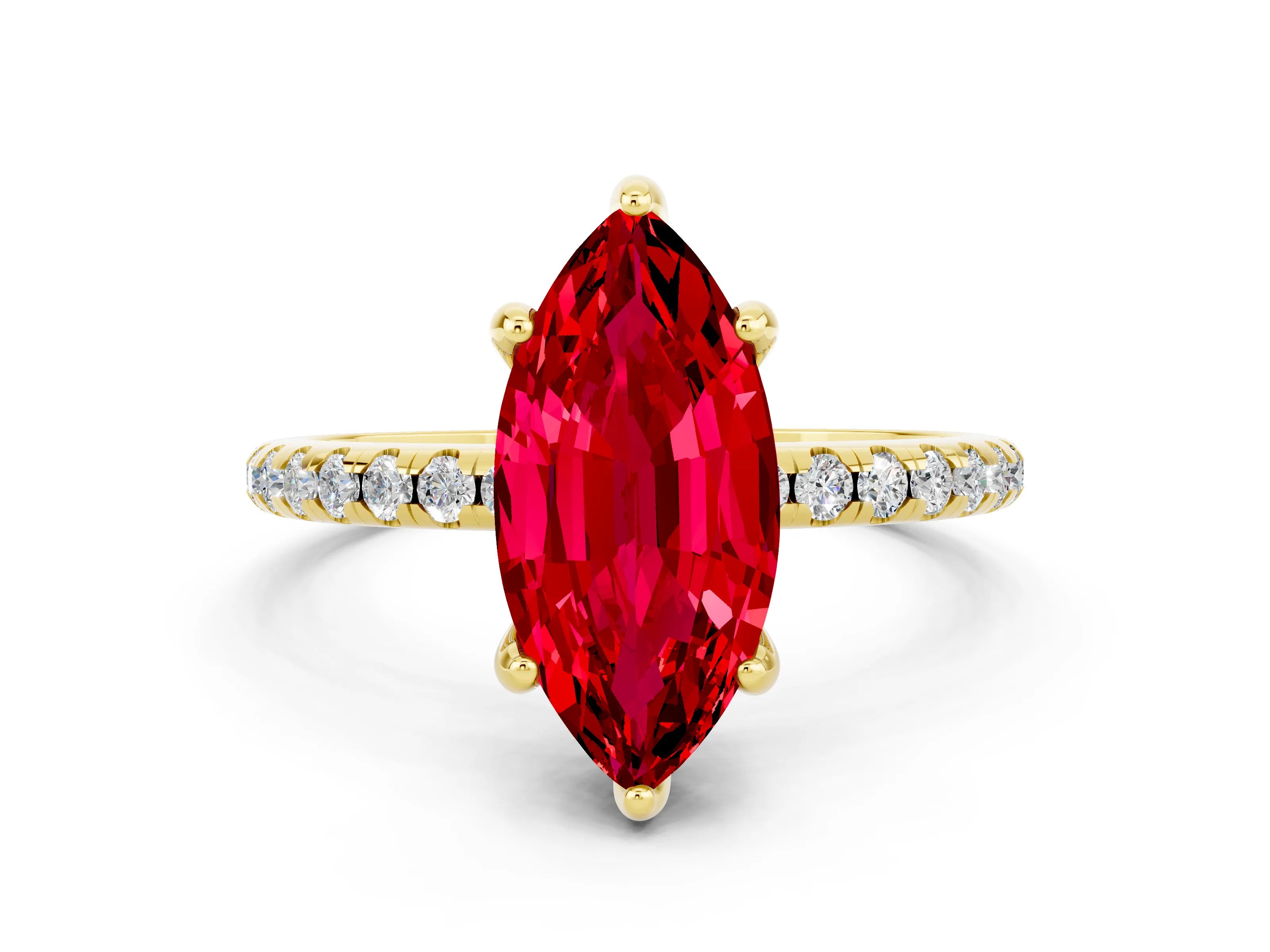 Yellow gold Marquise Cut Diamond Solitaire Ring with Four-Prong Setting and Pavé Band