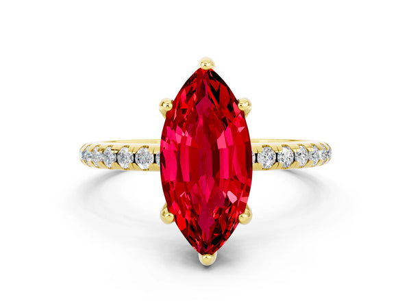 Yellow gold Marquise Cut Diamond Solitaire Ring with Four-Prong Setting and Pavé Band