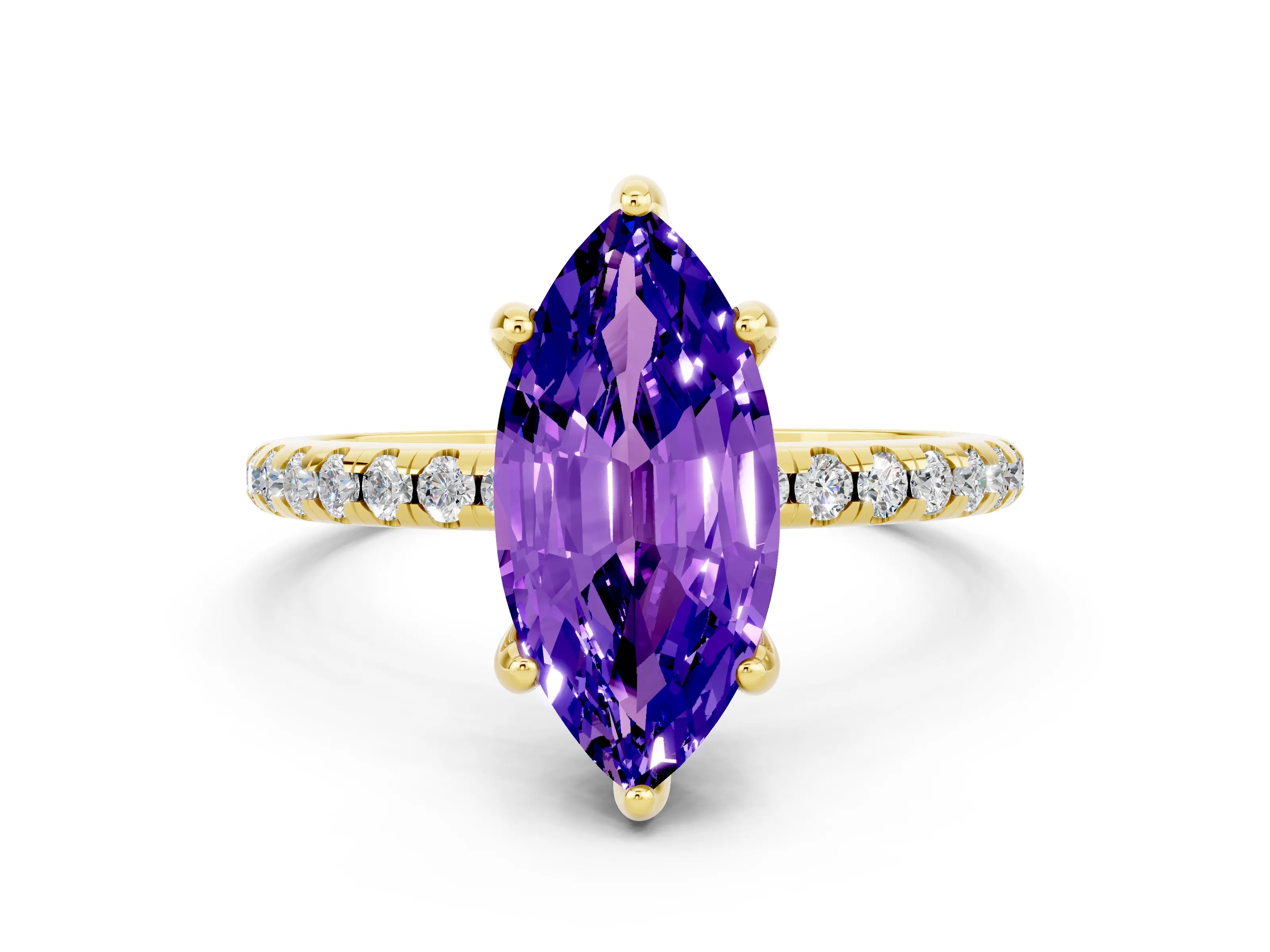 Yellow gold Marquise Cut Diamond Solitaire Ring with Four-Prong Setting and Pavé Band_24