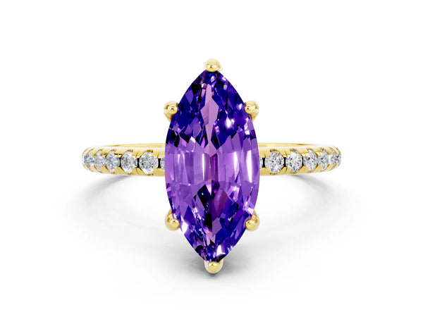 Yellow gold Marquise Cut Tanzanite Hidden Halo Engagement Ring with Round Pavé Band and Prong Setting