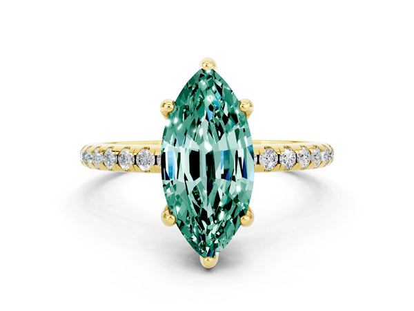 Yellow gold Marquise Cut Green Sapphire Hidden Halo Engagement Ring with Round Pavé Band and Prong Setting