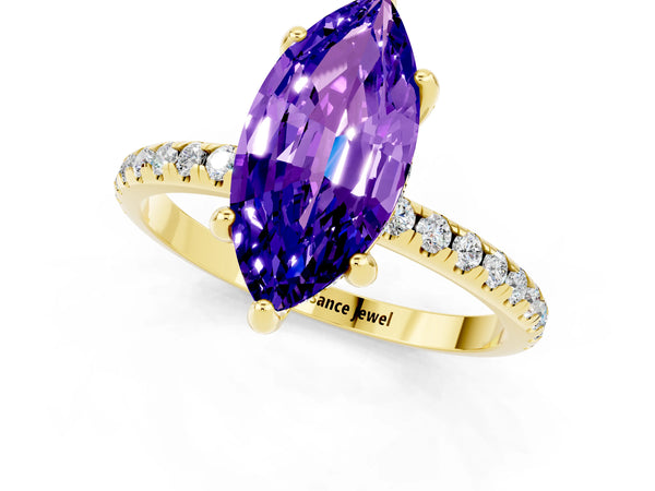 Yellow gold Marquise Cut Tanzanite Hidden Halo Engagement Ring with Round Pavé Band and Prong Setting