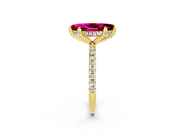 Yellow gold Marquise Cut Garnet Hidden Halo Engagement Ring with Round Pavé Band and Prong Setting