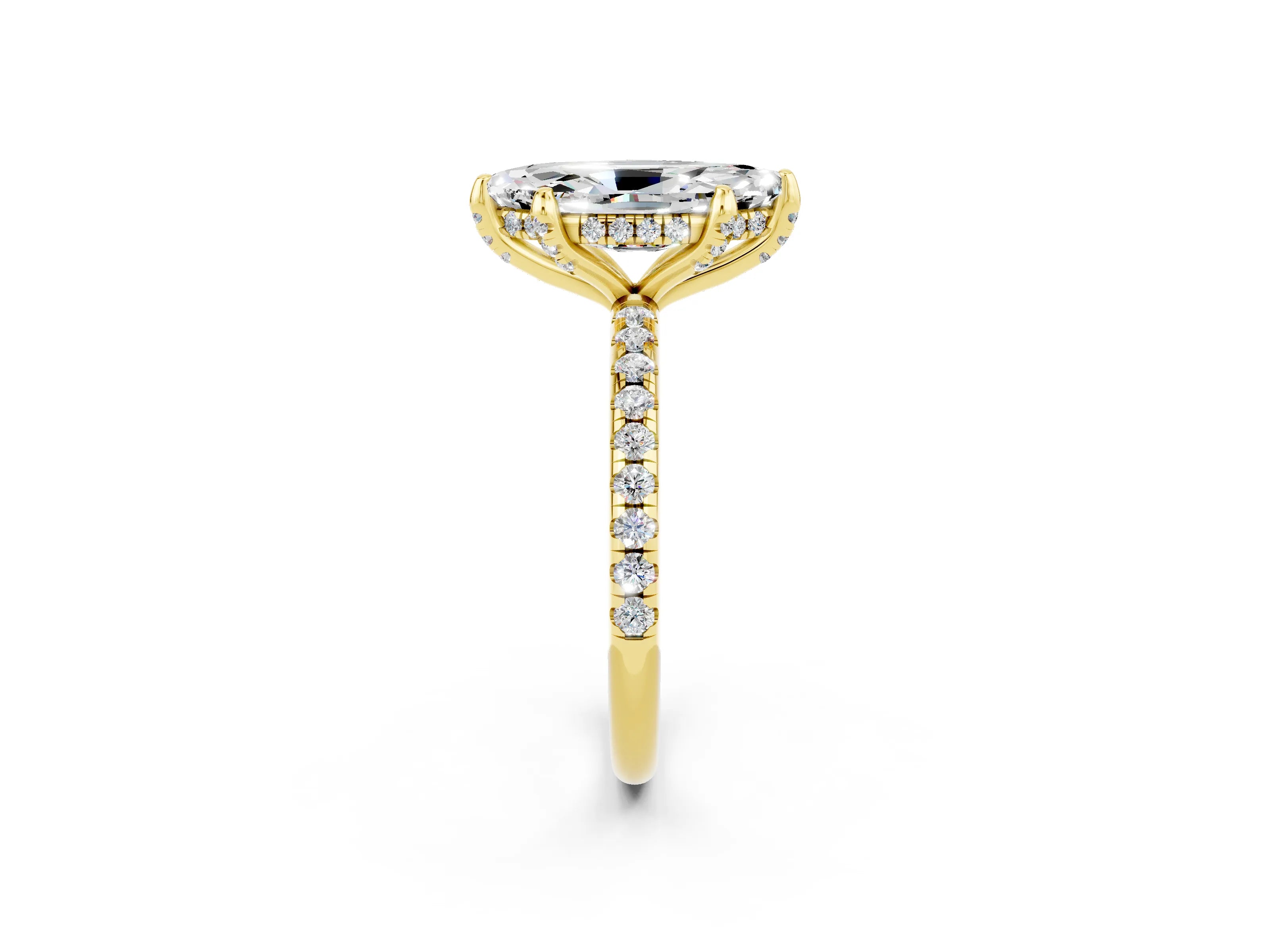 Yellow gold Marquise Cut Diamond Solitaire Ring with Four-Prong Setting and Pavé Band_2