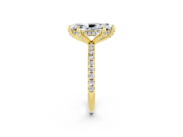 Yellow gold Marquise Cut Moissanite Hidden Halo Engagement Ring with Round Pavé Band and Prong Setting