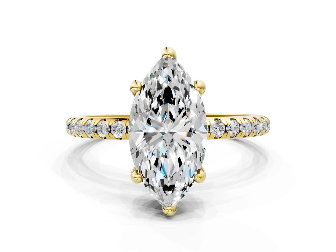 Yellow gold Marquise Cut Diamond Solitaire Ring with Four-Prong Setting and Pavé Band_3