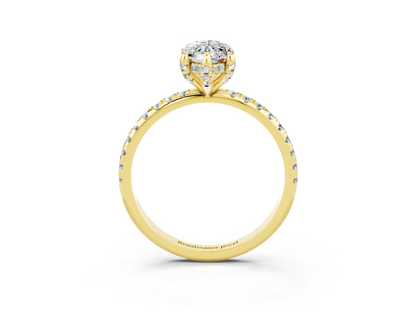 Yellow gold Marquise Cut Moissanite Hidden Halo Engagement Ring with Round Pavé Band and Prong Setting
