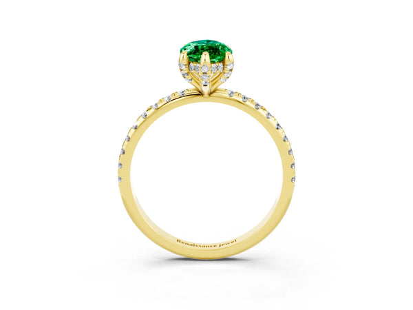 Yellow gold Marquise Cut Emerald Hidden Halo Engagement Ring with Round Pavé Band and Prong Setting