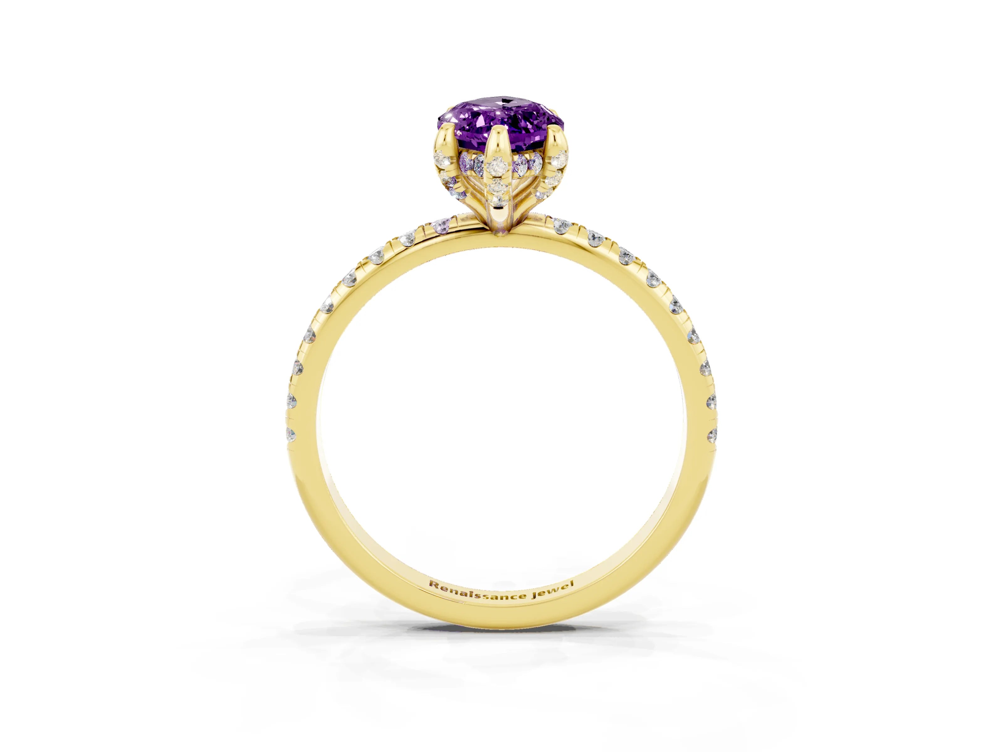 Yellow gold Marquise Cut Diamond Solitaire Ring with Four-Prong Setting and Pavé Band_3