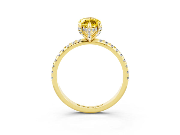 Yellow gold Marquise Cut Yellow Sapphire Hidden Halo Engagement Ring with Round Pavé Band and Prong Setting