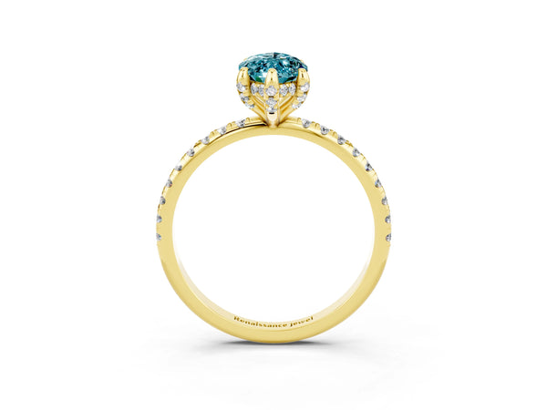 Yellow gold Marquise Cut Diamond Solitaire Ring with Four-Prong Setting and Pavé Band