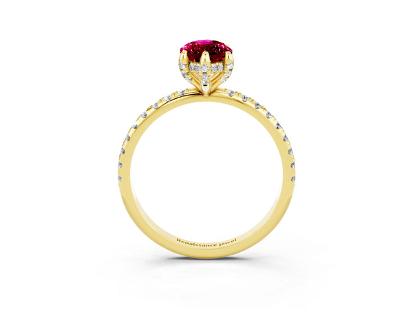 Yellow gold Marquise Cut Garnet Hidden Halo Engagement Ring with Round Pavé Band and Prong Setting