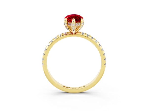 Yellow gold Marquise Cut Diamond Solitaire Ring with Four-Prong Setting and Pavé Band
