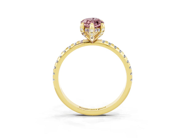 Yellow gold Marquise Cut Diamond Solitaire Ring with Four-Prong Setting and Pavé Band