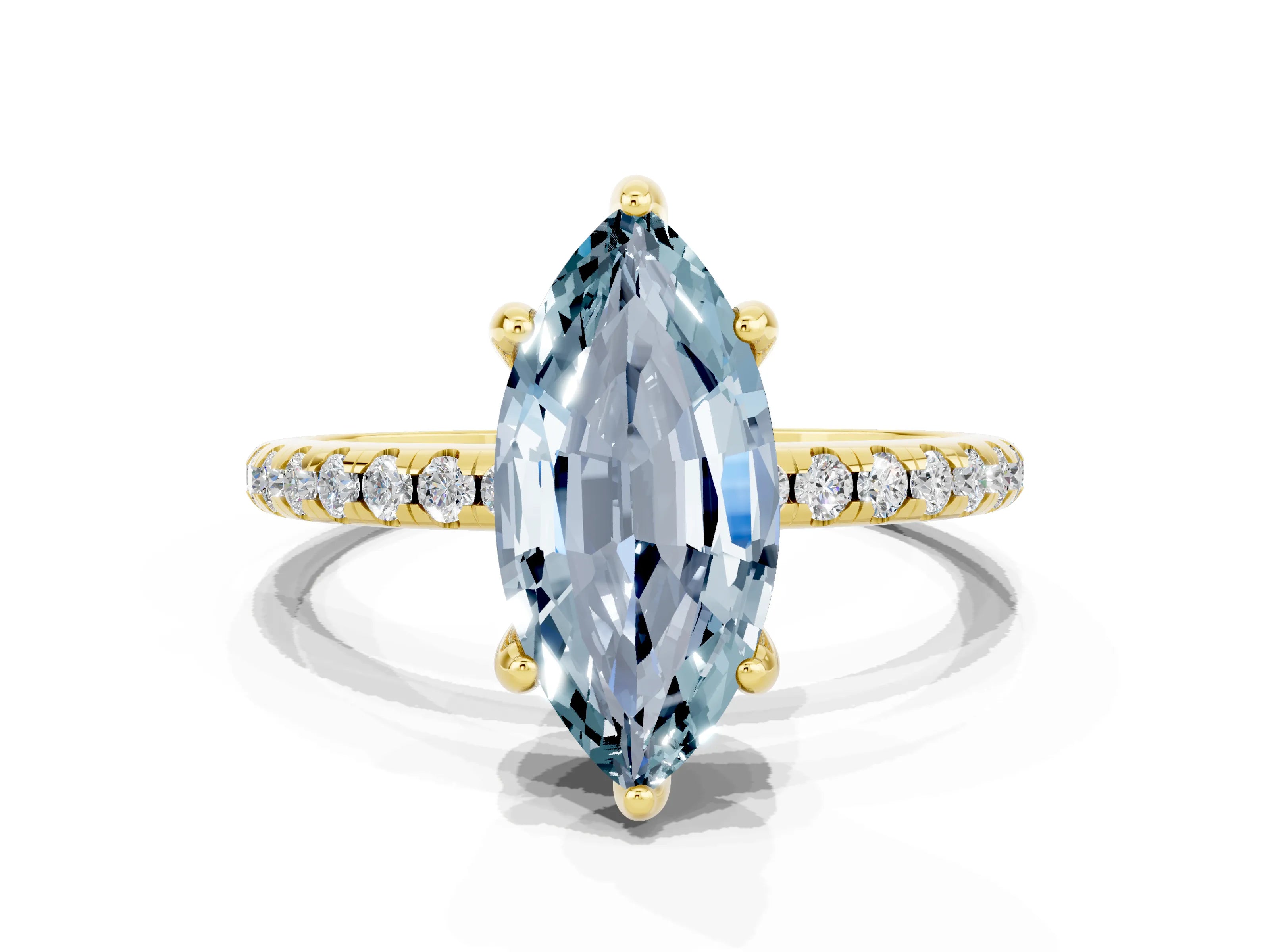 Yellow gold Marquise Cut Diamond Solitaire Ring with Four-Prong Setting and Pavé Band